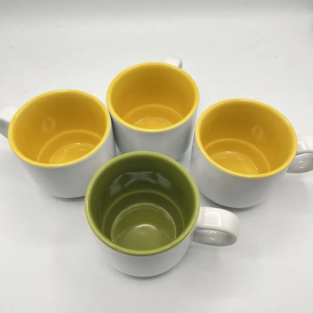 Crate and Barrel Stackable Cups Mugs White with 1 Green and 3 Yellow inside